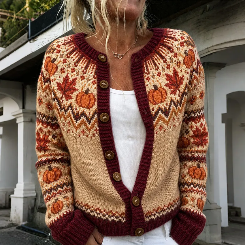 Comstylish Women's Vintage Pumpkin And Maple Leaf Print Knit Cardigan