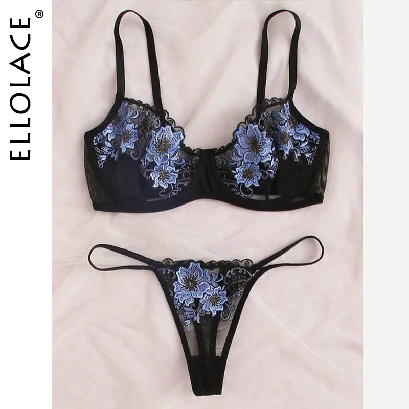 Ellolace Lingerie Sexy set woman 2 pieces Floral Embroidery Lingerie Set Lace Underwear Set Underwire Push Up Bra Underwear