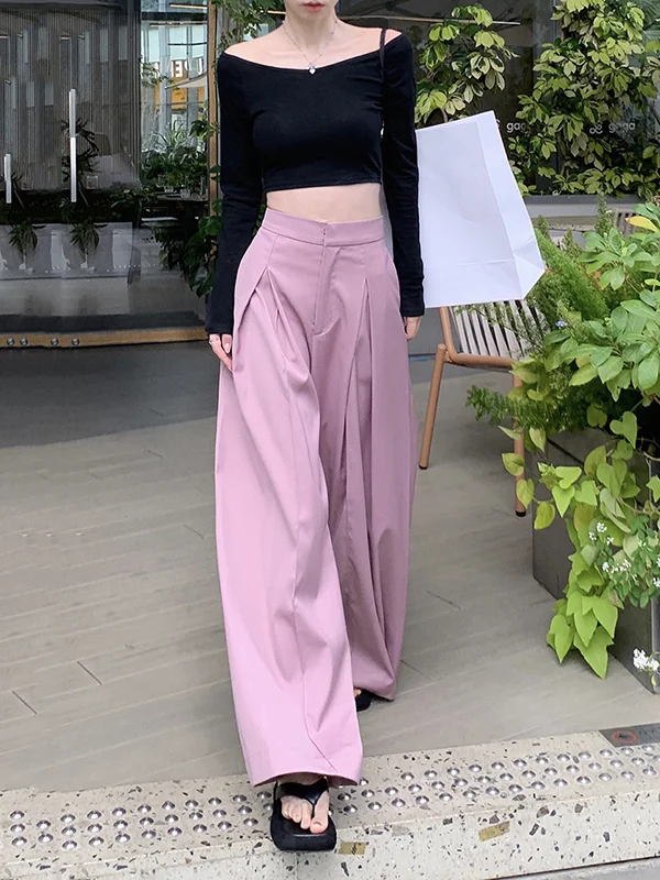 Loose Wide Leg Pleated Solid Color Split-Joint Pants Trousers