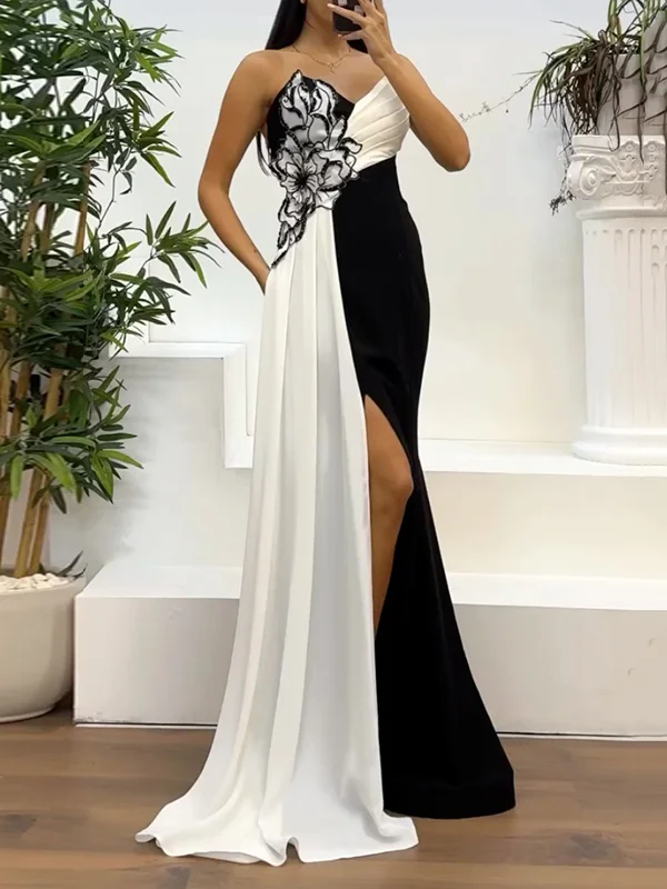 sequinned flower contrast color asymmetric Splicing Sleeveless Tube Elegnat Maxi Dresses