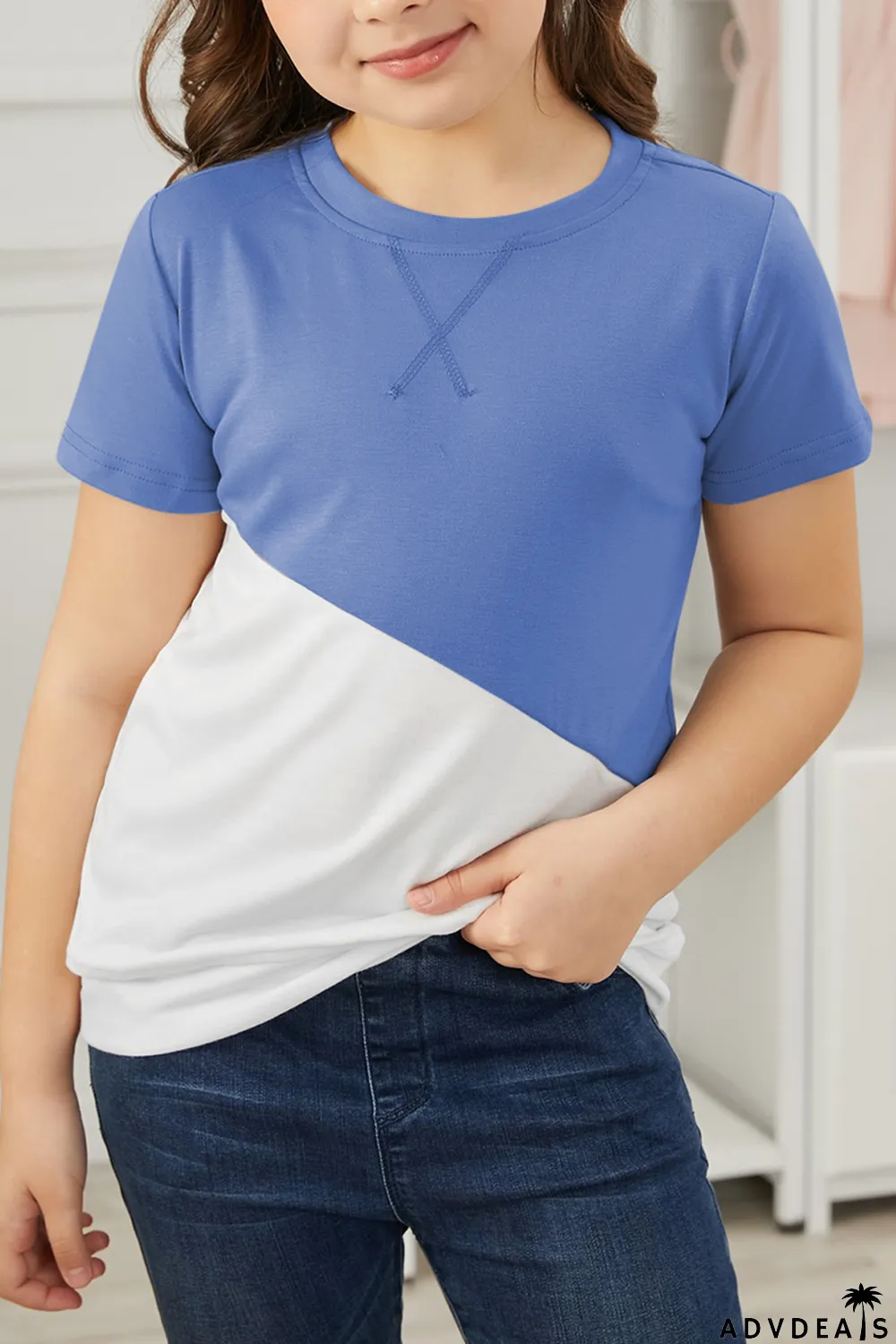 Sky Blue Colorblock Splicing Little Girl Tee