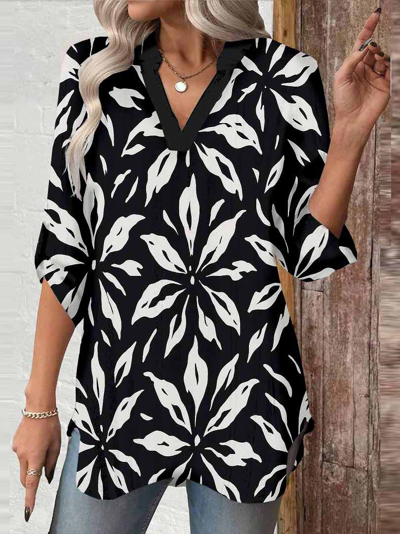 Women Floral, Black, White DZGA0137 3/4 Sleeve V-neck Printed Graphic Button Tops
