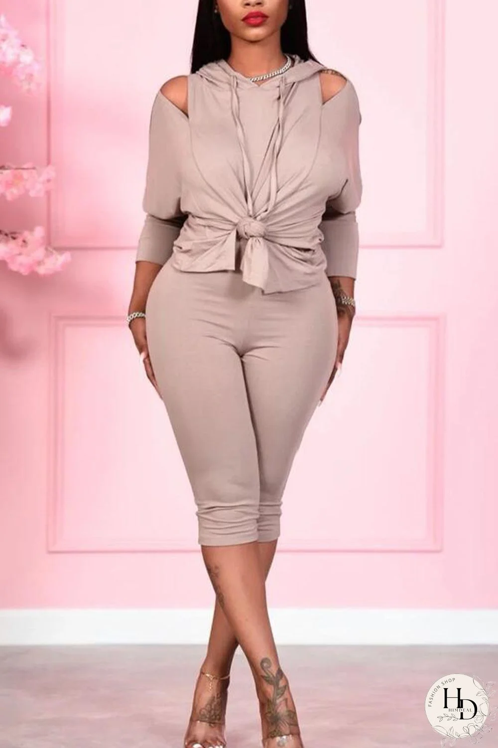 Grey Daily Solid Hooded Collar Long Sleeve Two Pieces