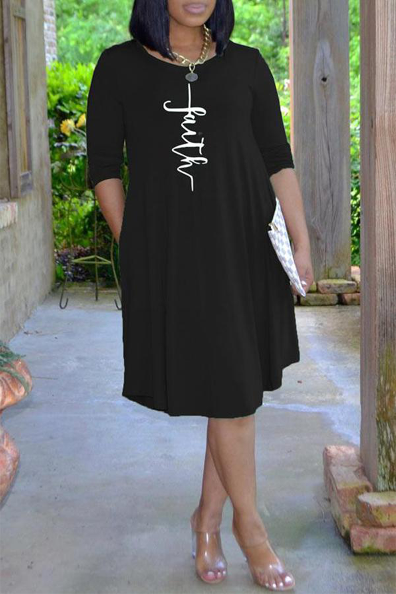 Black Casual Print Patchwork O Neck Cake Skirt Dresses