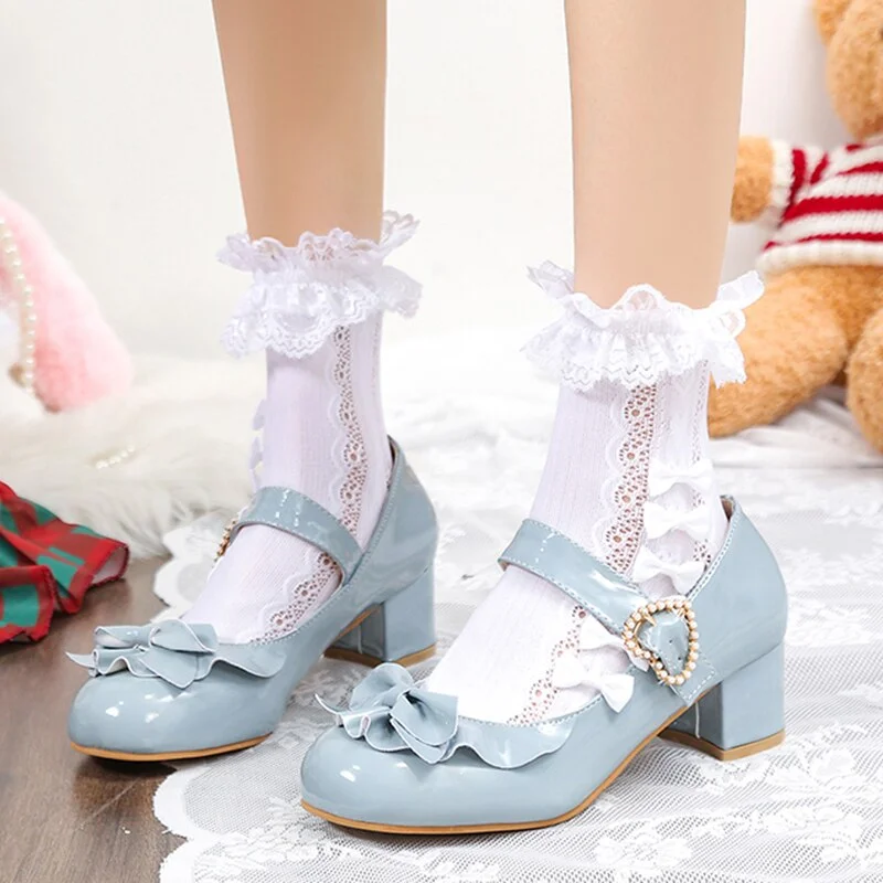 Kawaii Bowknot JK Uniform Lolita Shoes Woman Patent Leather Pearl Mary Jane Shoes For Women High Heels Ankle Strap Pumps