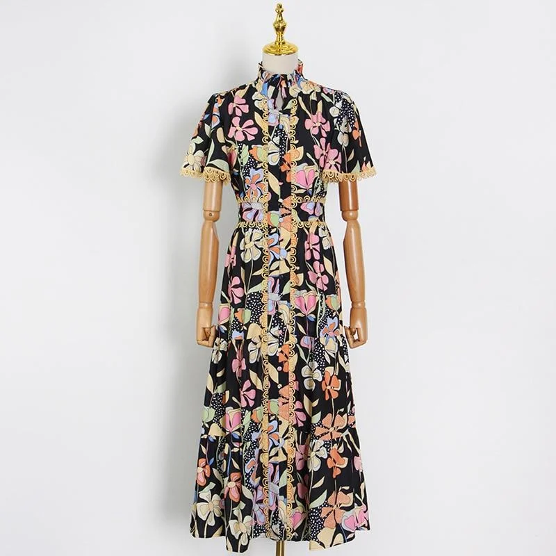 ABEBEY Print Vintage Dress For Women Stand Collar Short Sleeve High Waist Pleated Hit Color Dresses Females 2023 New Style