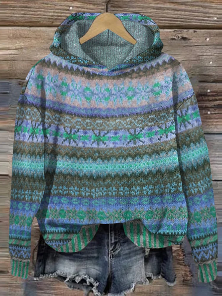 VChics Women's Ethnic Graphic Print Vintage Hooded Island Sweater