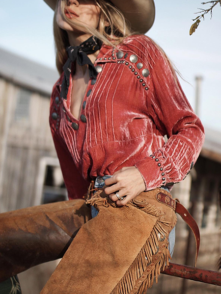 Vintage Women Western Velvet Long Sleeve Top