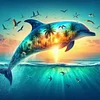 Framed Diamond Painting - Full Round Drill - Sunset Dolphin (25x25cm)