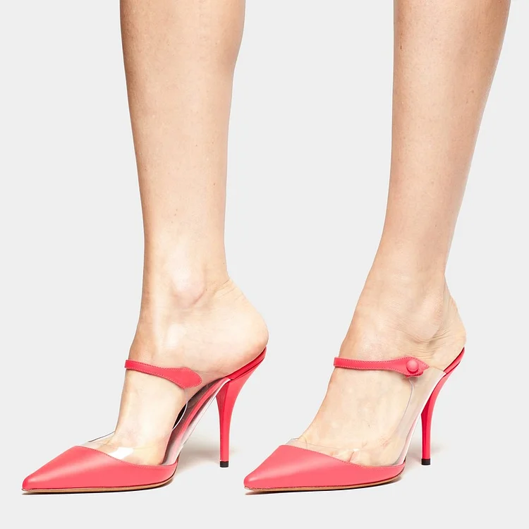Red Pointy Toe PVC Mule Heels Pumps |FSJ Shoes