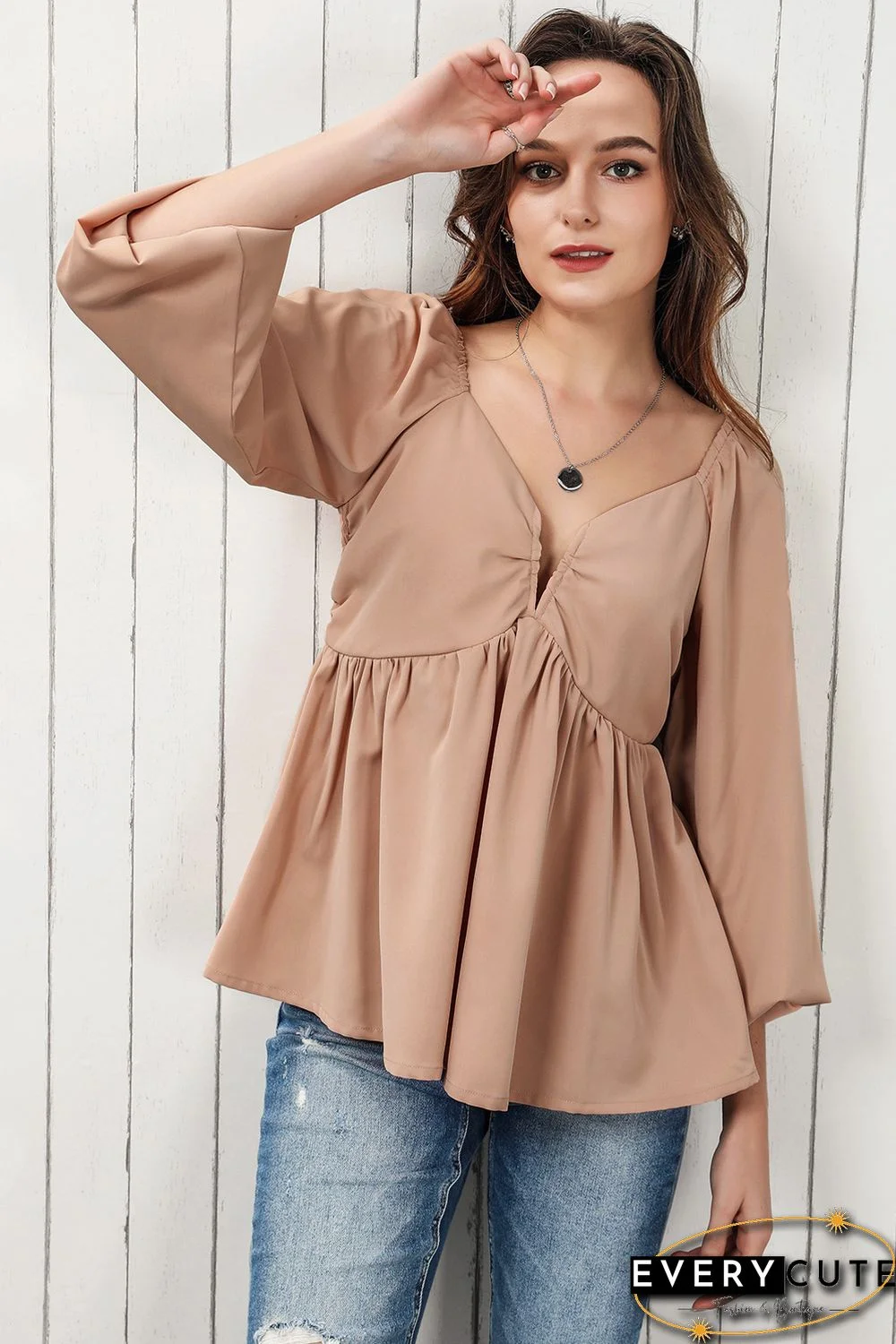 Orange Notched V-Neck Smocked Back Peplum Blouse