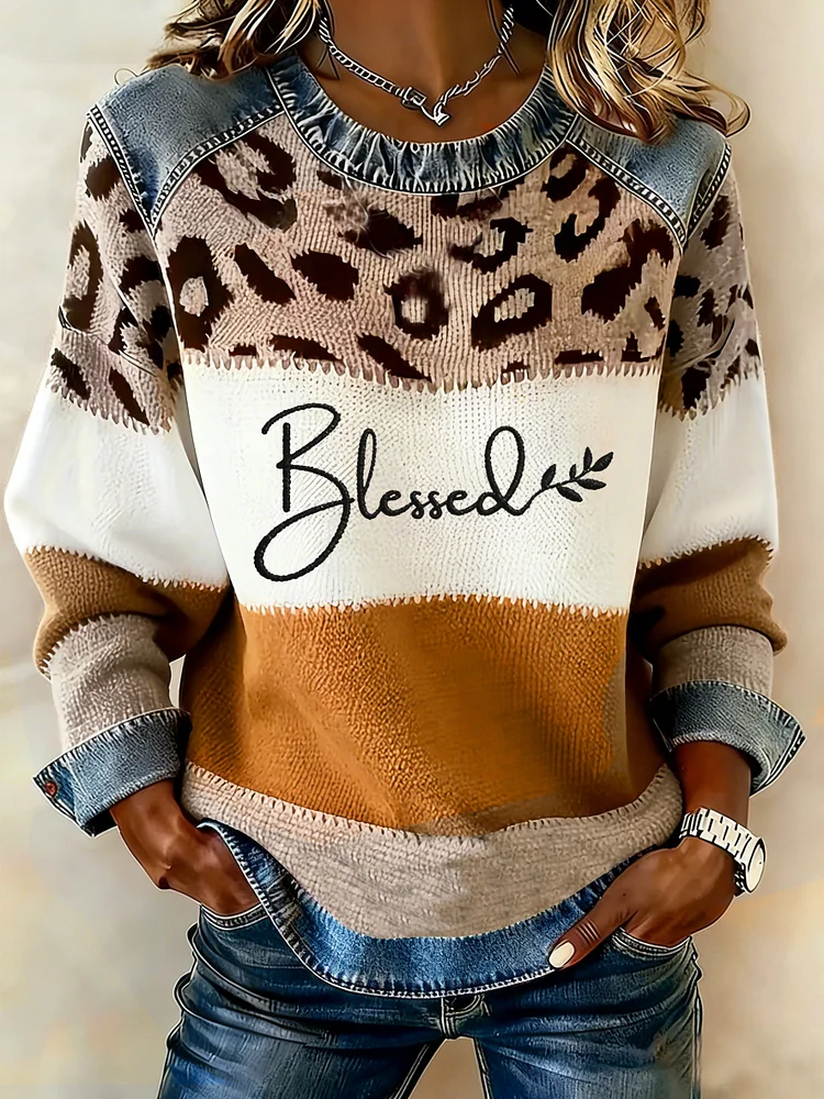 Women's Winter Faith Color Block Print Crew Neck Top 