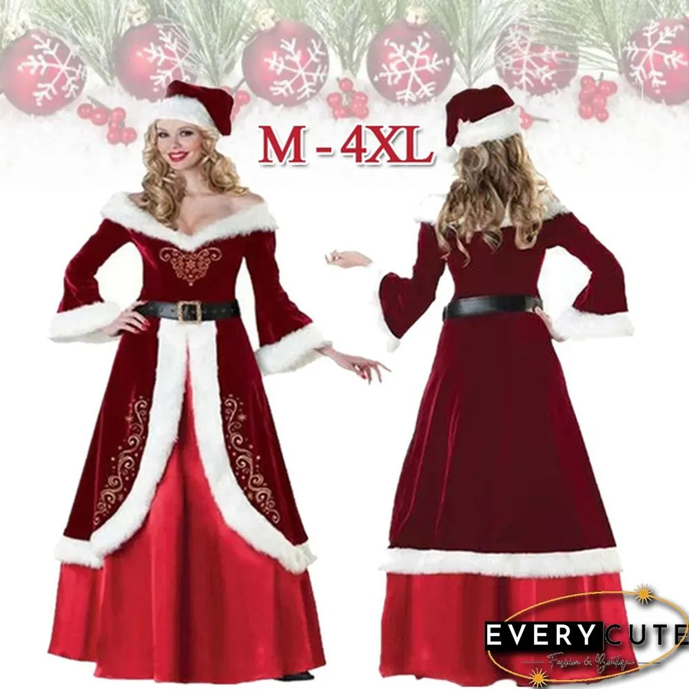 Christmas Cosplay Party Velour Long Sleeve Robe Santa Claus Costumes for Adult Women
