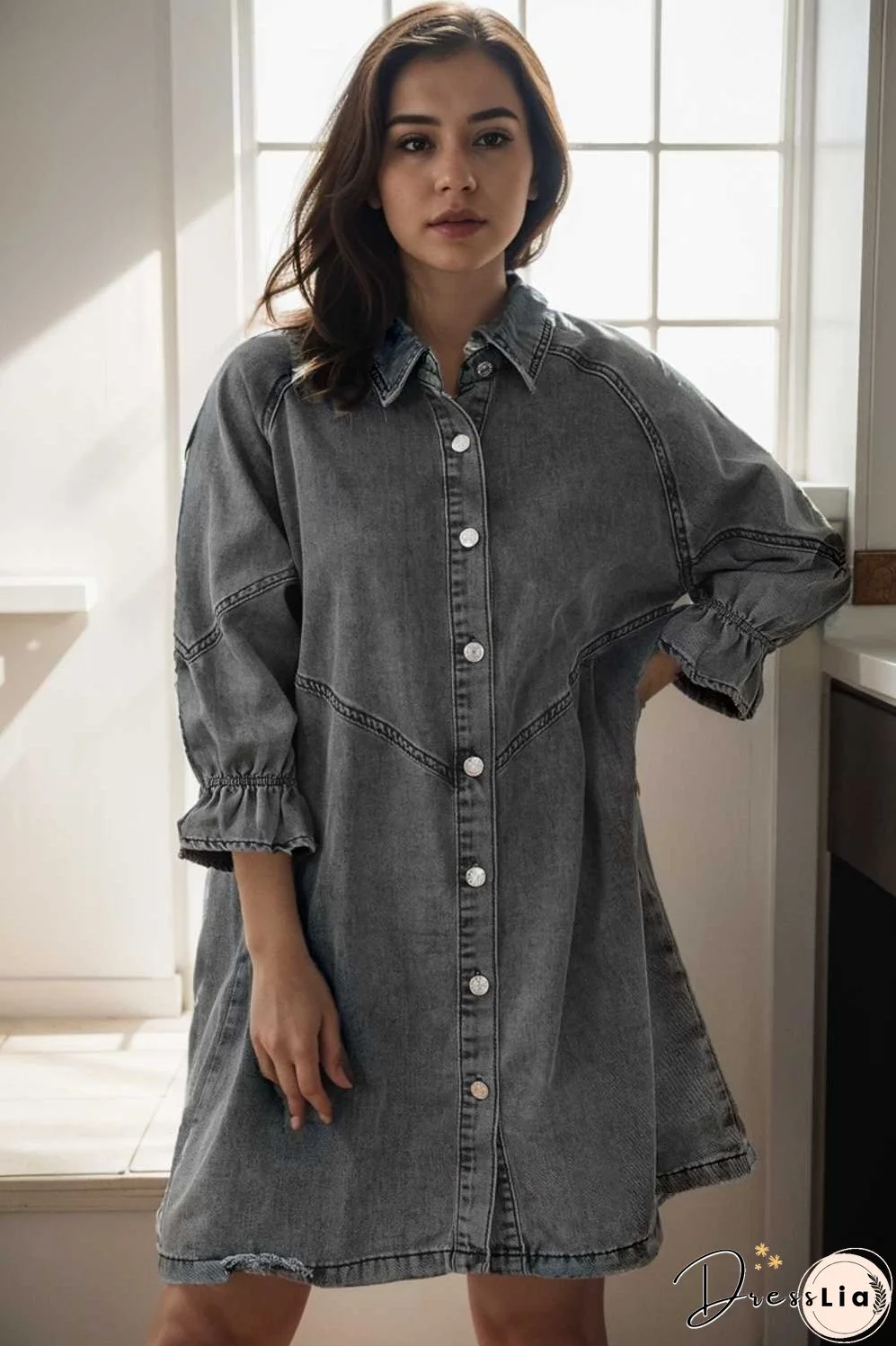 chic gray denim mini dress with button detail