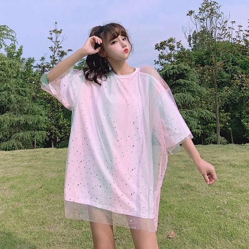 Tanguoant Sleeve T-shirts Women Gauze Off-shoulder Dot Design Kawaii Loose Chic Ulzzang BF M-4XL Sweet Holiday College Ins Harajuku