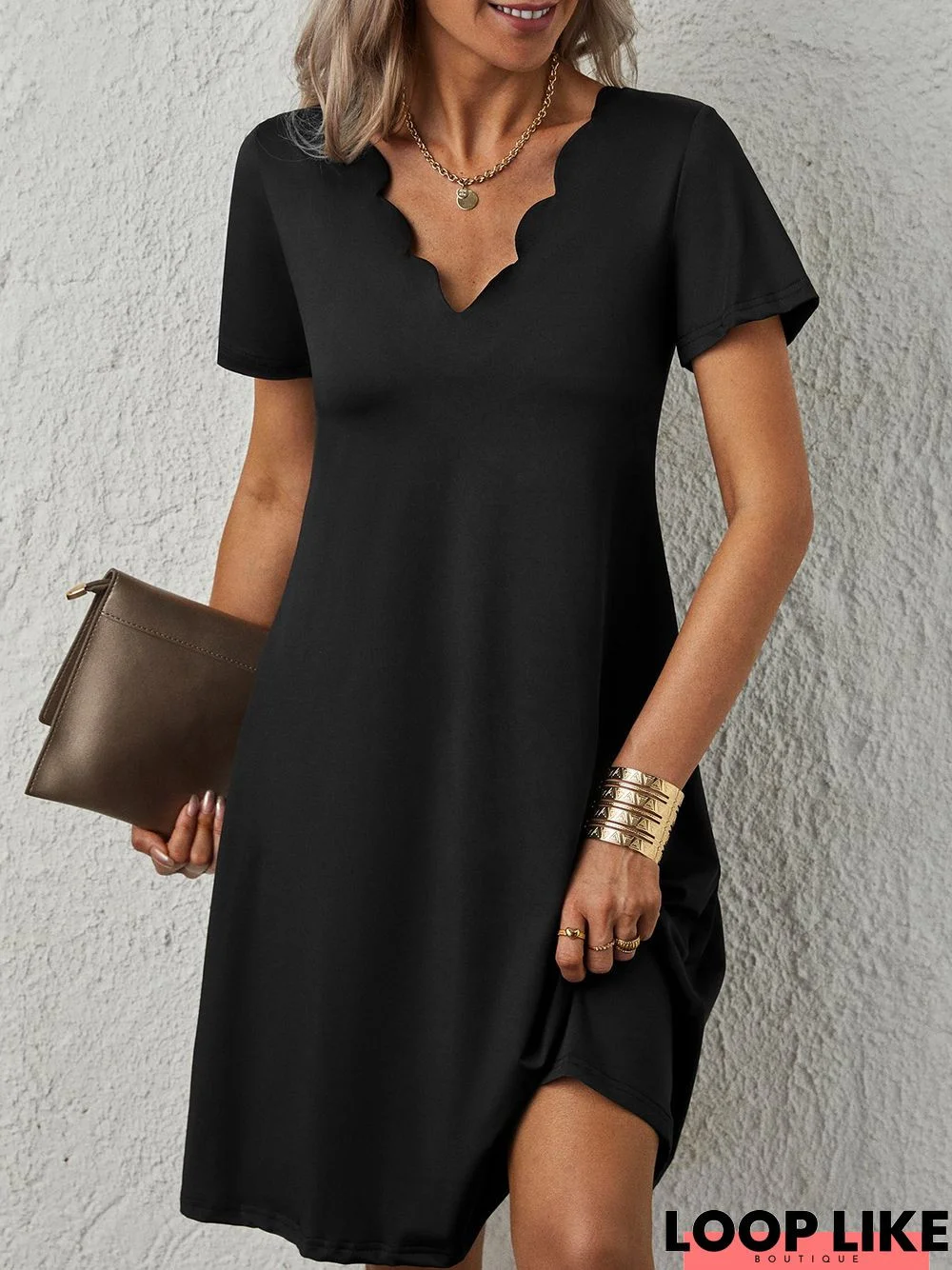 Casual Solid V neck Short Sleeve Knit Dress