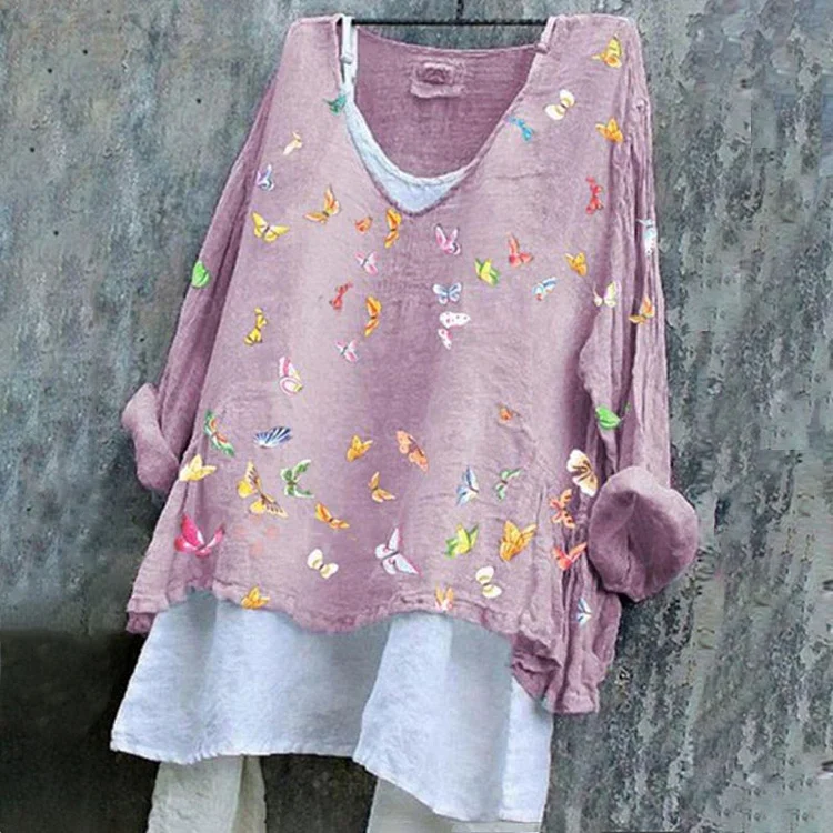 Casual Cotton Linen Butterfly Printed T-Shirt Two Piece
