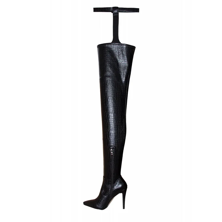 Black Textured Vegan Leather Pointy Toe Buckle Thigh High Heel Boots |FSJ Shoes