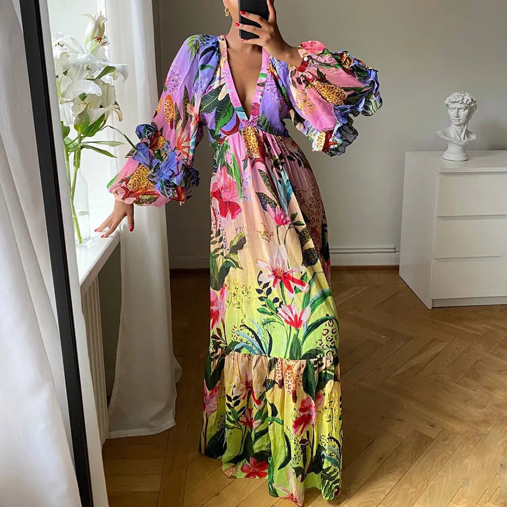 Brownm Brownm Summer New Printing Gradient Lotus Leaf Side V-Neck Sexy Lanky Long Dress Dress