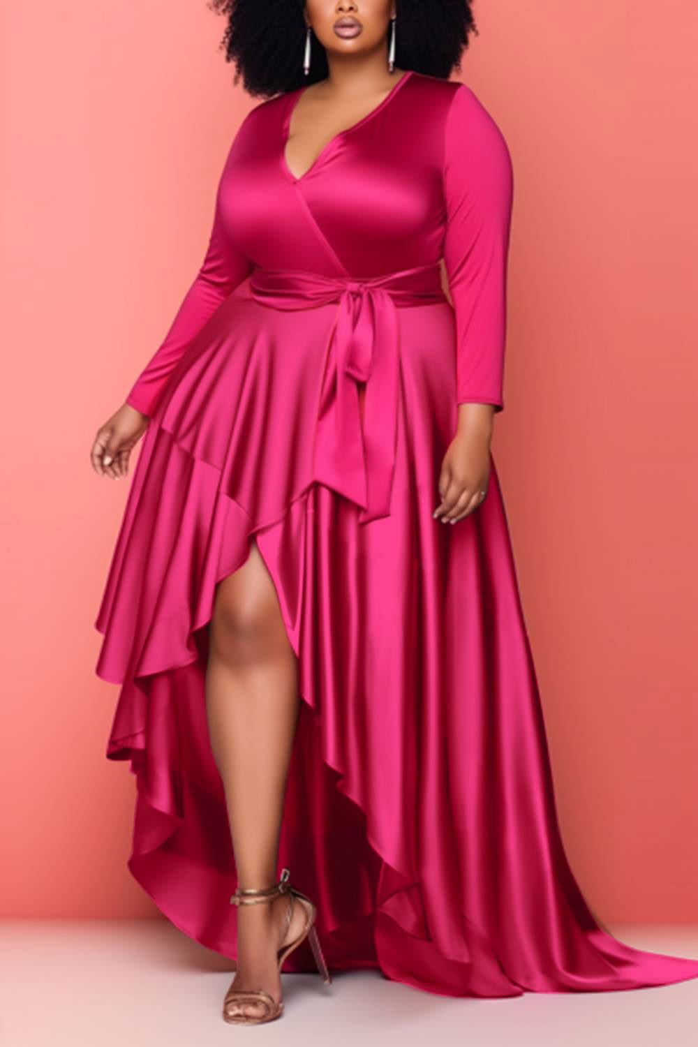 Design Plus Size Semi Formal Dress Magenta Wrap Neck Long Sleeve Asymmetric Hem Satin Maxi Dress