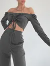 Sexy V-Neck Long Sleeve Drawstring Top&Wide Leg Pants Casual Suit