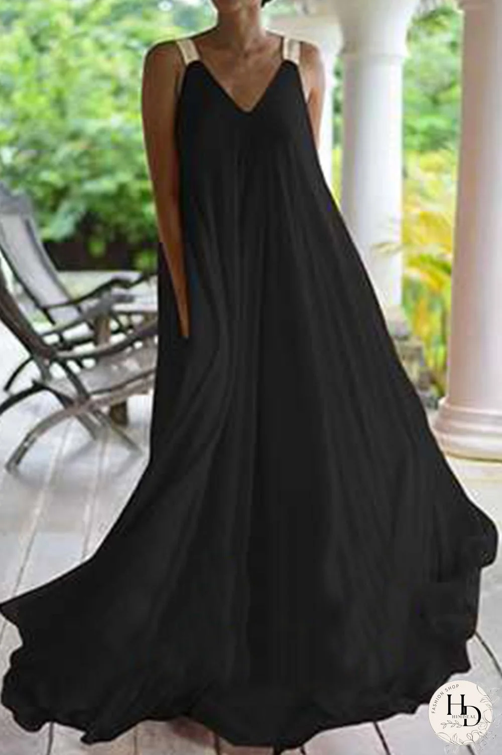 Black Casual Solid Patchwork V Neck Long Dress Dresses