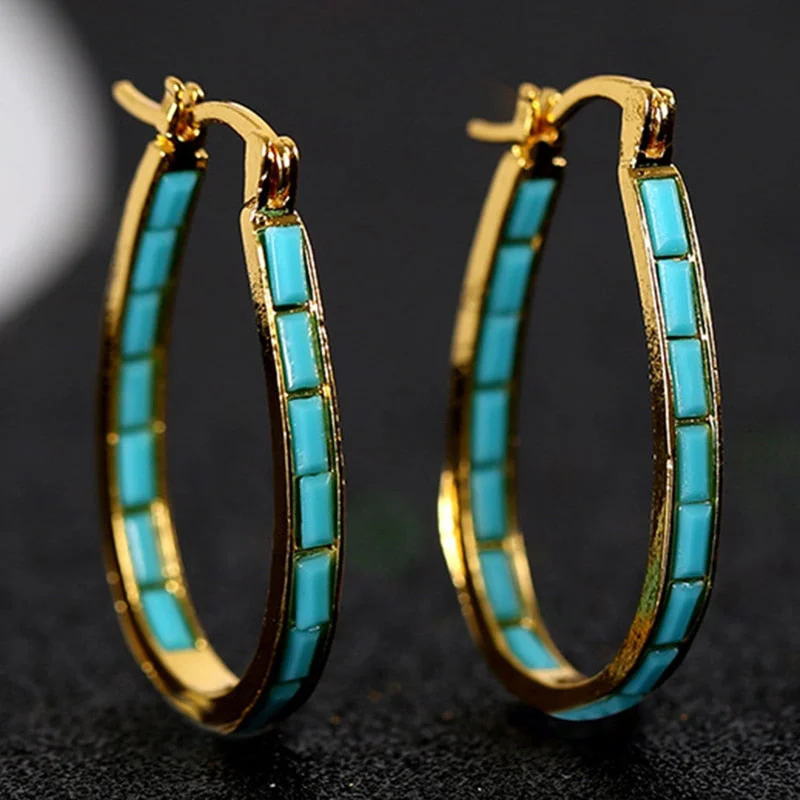 Vintage Blue Stone Big Round Hoop Earrings for Women  For Women Bohemian Geometric Statement Earrings Party Gifts Jewelry
