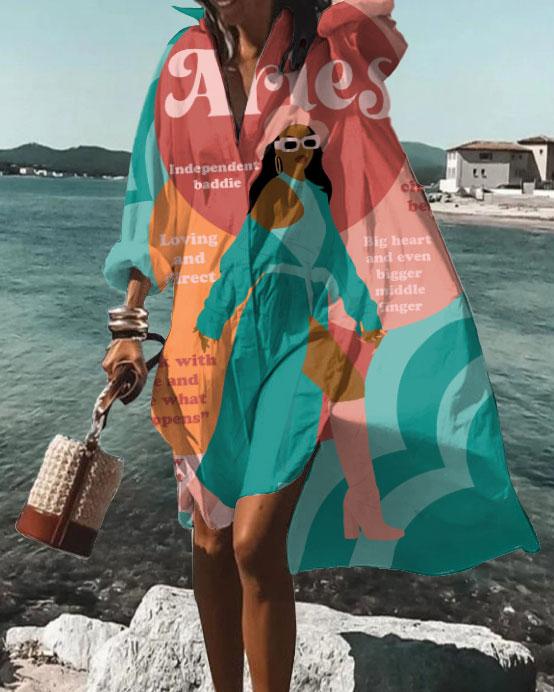 Lapel Aries Girly Season Loose Long Sleeve Shirt Dress