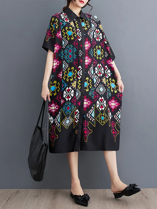 Printed Buttoned Short Sleeves Loose Lapel Midi Dresses