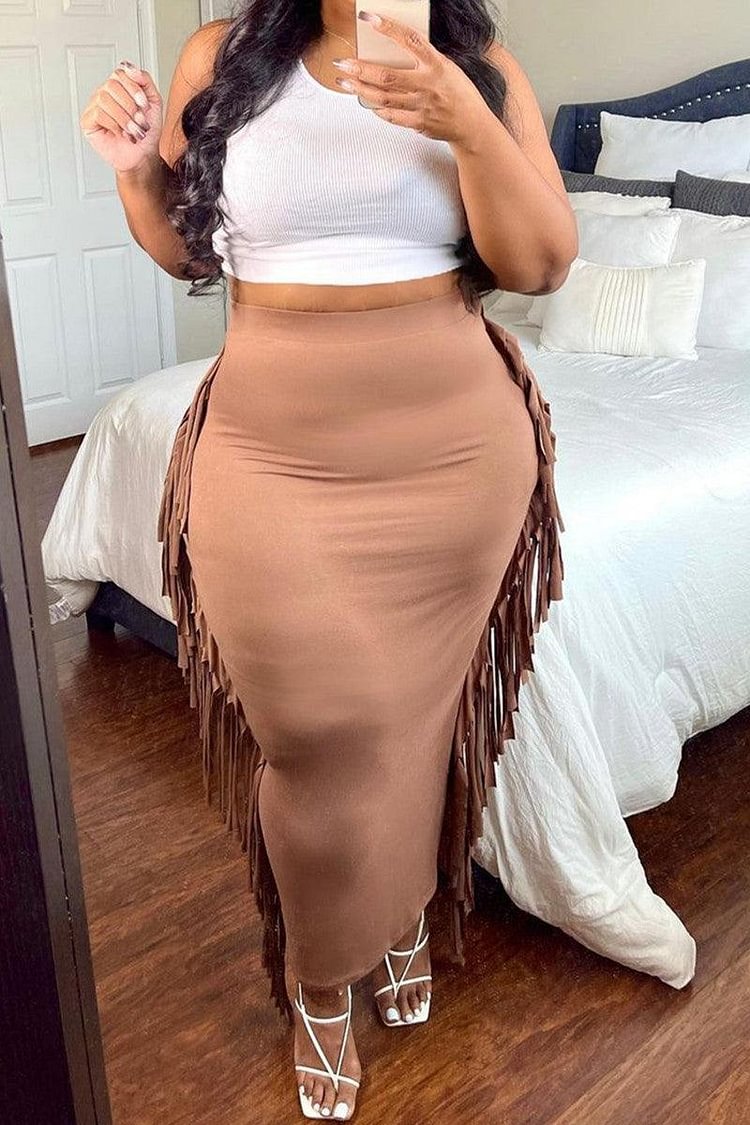 Plus Size Casual Brown Casual Fringe Skirts [Pre-Order]