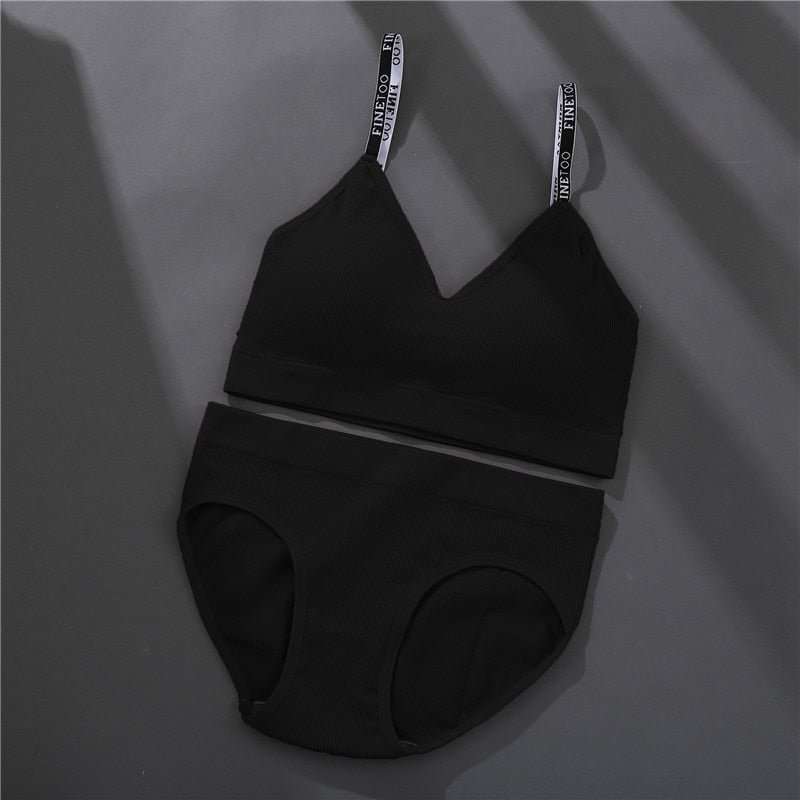 FINETOO M-2XL Padded Bra Set Women Seamless Underwear Set Deep V Tops Briefs Sexy Letter Strap Crop Top Female Lingerie Suit New