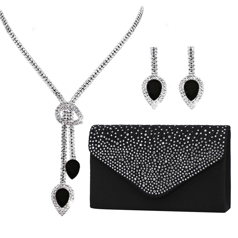Banquet White Rhinestone Earrings Waterdrop Necklace Bag Three Piece Jewelery Set 2024 - Flycurvy 