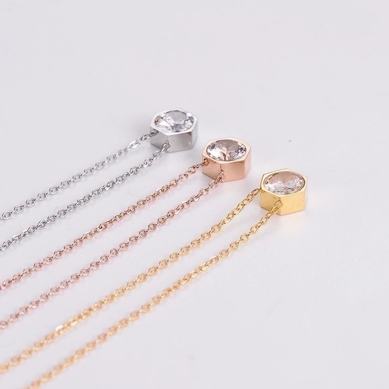 Stainless Steel 18K Gold Plated Rose Gold Plated Princess Wedding Shiny Plating Inlay Hexagon Zircon Pendant Necklace