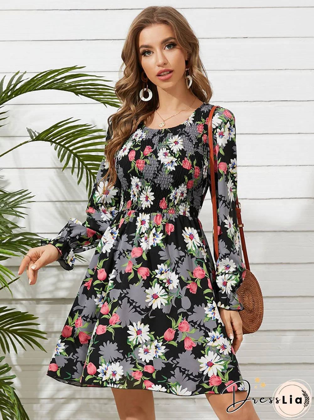 Flower Print Shirred Crew Neck Long Sleeve Dress