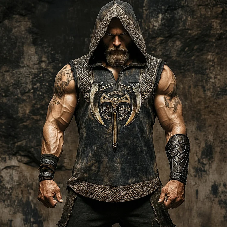 Men's Viking Weapons Axe Celtic Hooded Linen Vest