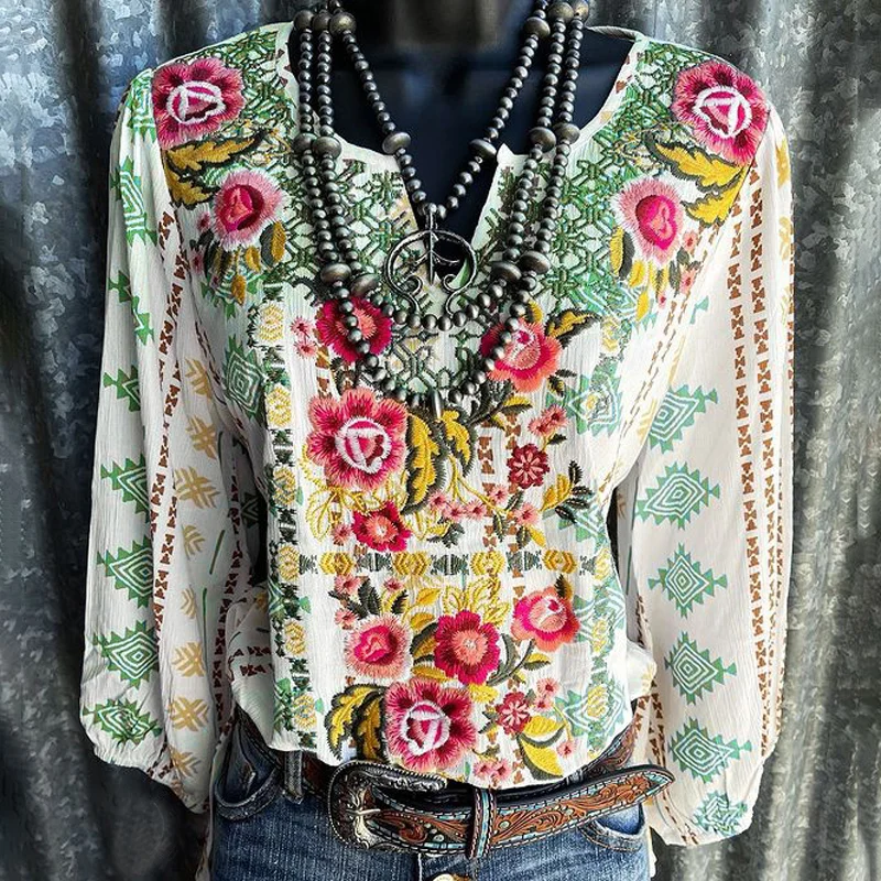 Fashion flower embroidery western casual graphic tees