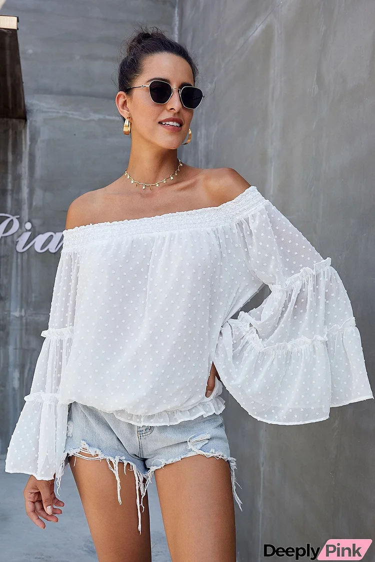 White Swiss Dot Off The Shoulder Bell Sleeve Blouse