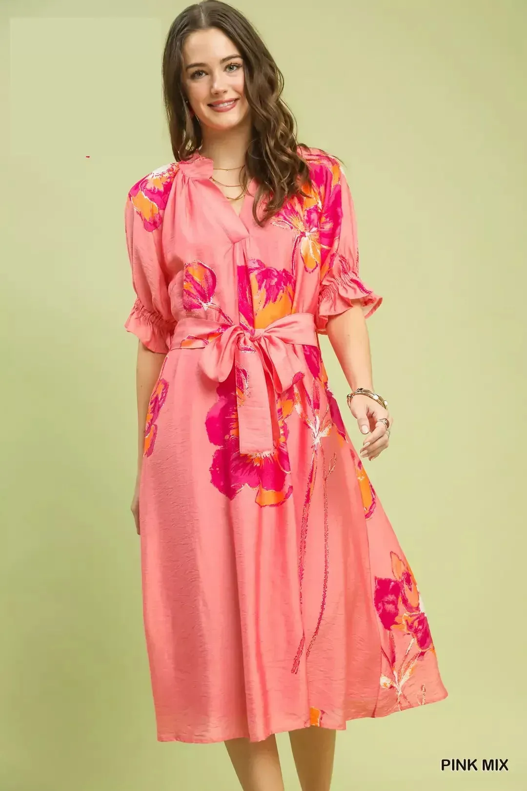 Umgee Floral Flounce Sleeve Midi Dress with Belted mysite idetrend