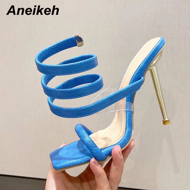 Aneikeh 2022 Rome Shallow Ankle Strap Sandals Women Summer Fashion Alligator Pattern Heigh Shoes Heels De Mujeres Elastic Band