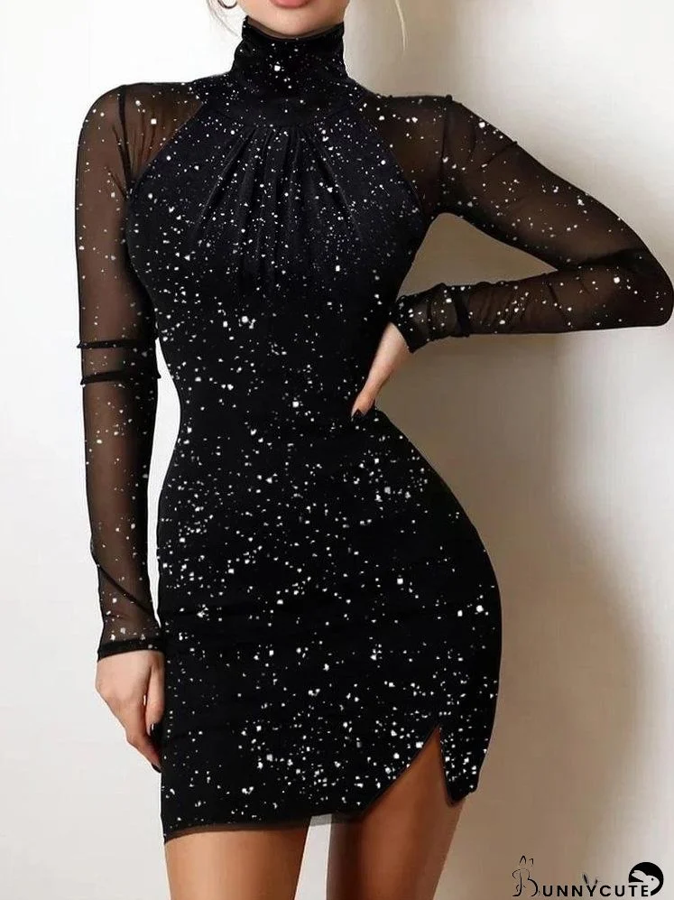 Dresses High Neck Shiny Lace Long Sleeve Split Dress for Women