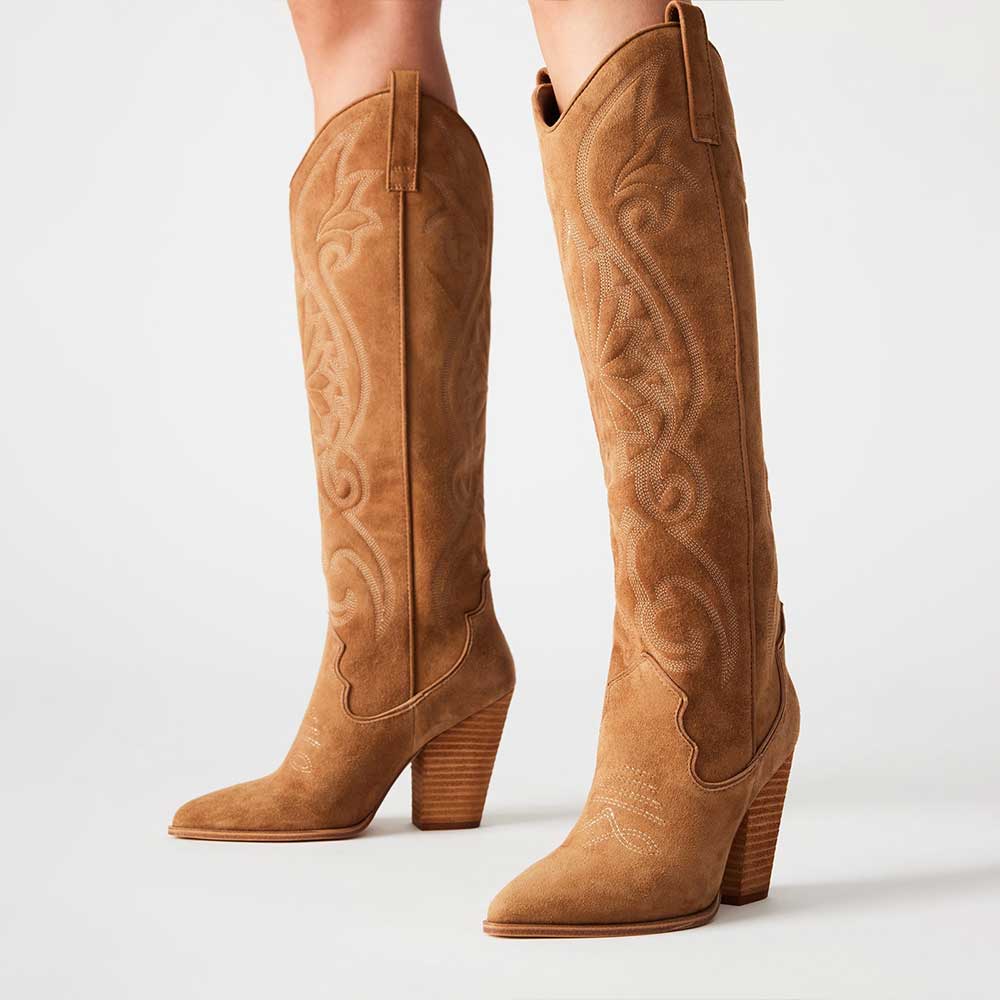 Pointed Toe Chunky Heel Embroidered Knee-high Cowgirl Boots in Brown Nicepairs