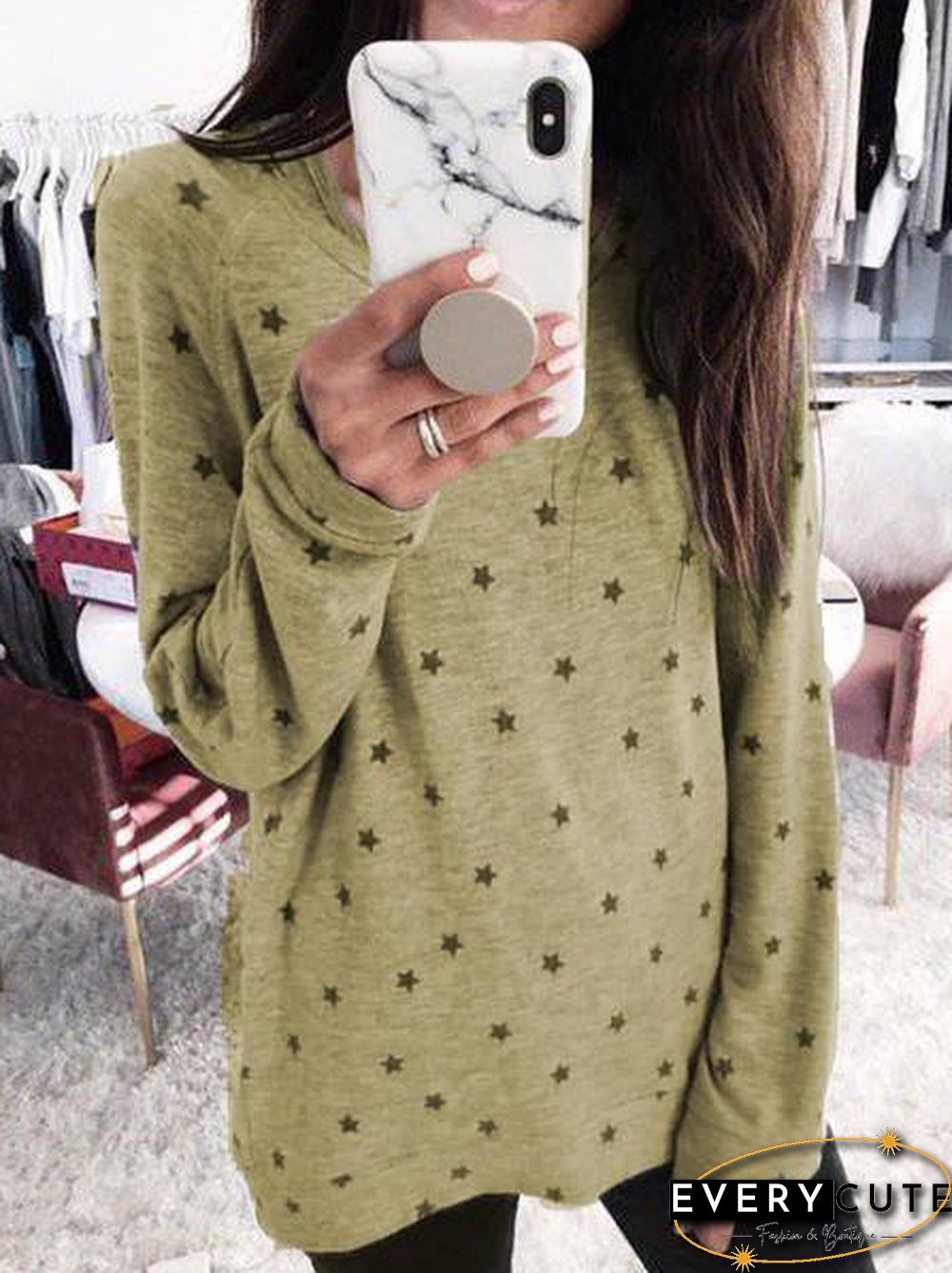Crew Neck Long Sleeve Polka Dots Shirts & Tops