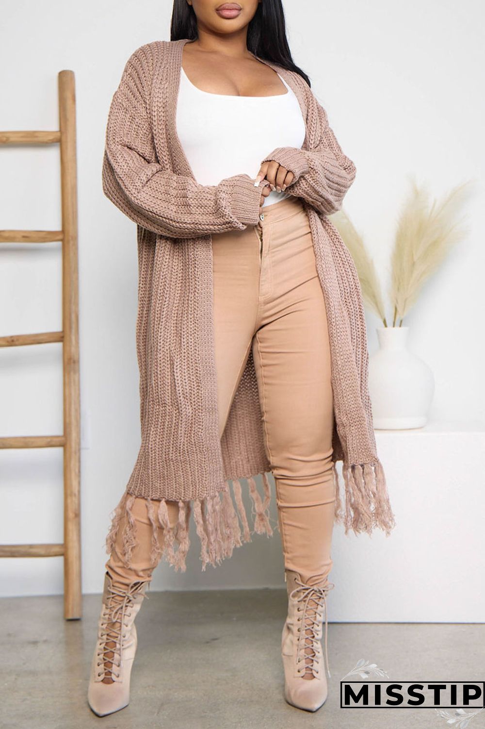 Light Brown Casual Solid Tassel Patchwork Cardigan Collar Outerwear