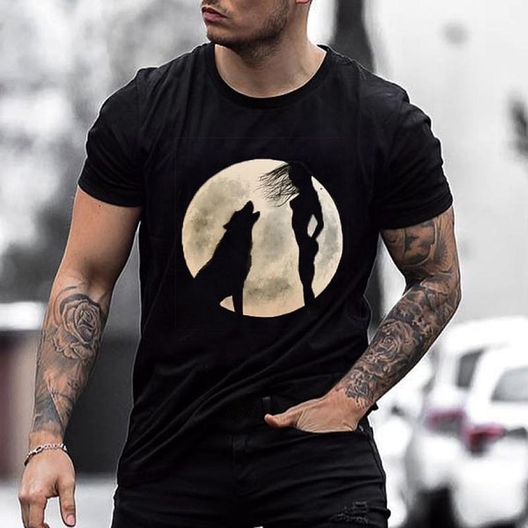 Men's moonlit wolf print T-shirt