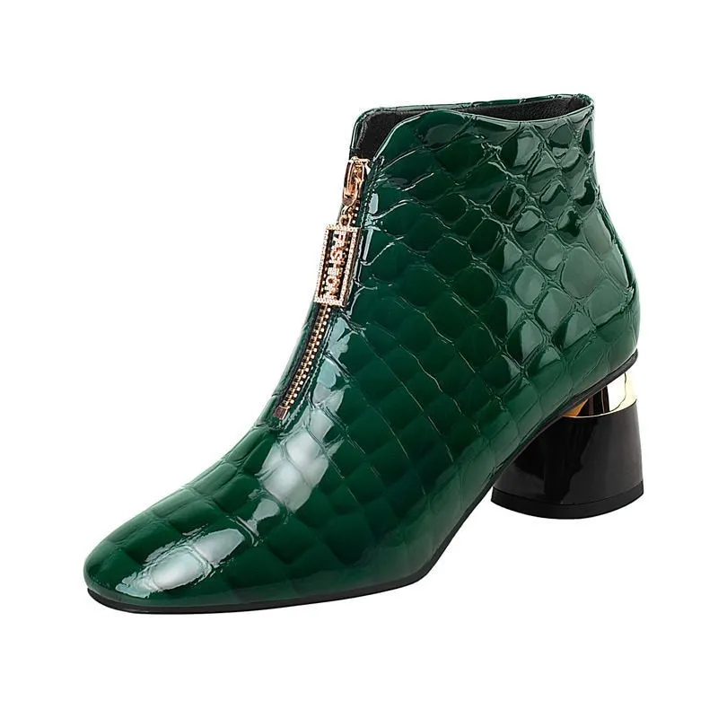 FHANCHU Women Leather Ankle Boots,2021 NEW Autumn/Winter Shoes,Thick Heel,Short Botas,Pointed Toe,Front Zip,Black,Green,Dropship