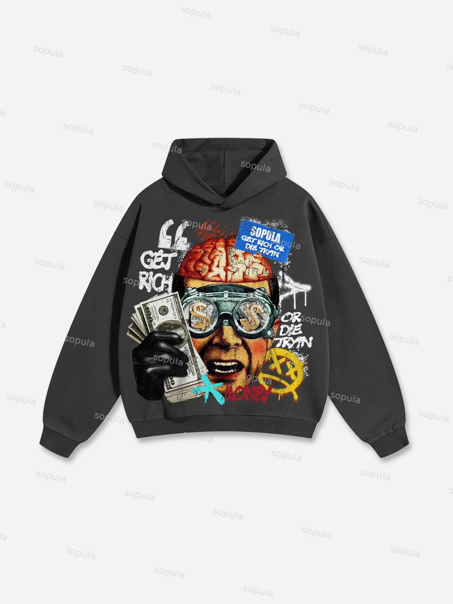 Get Rich Money Portrait Print Cotton Hoodie