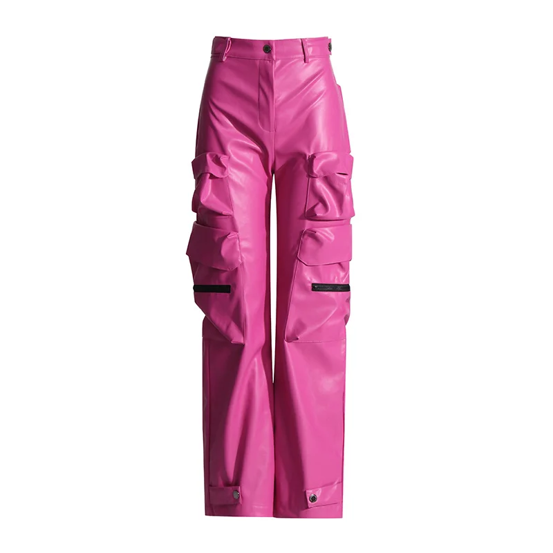 Toloer Toloer Barbie Powder Series Autumn 2024 New Medium Waist Long Mop Style PU Leather Multi-Pocket Cargo Pants-Outfit Ideas