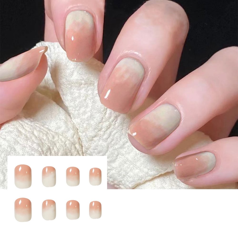 Shecustoms™ 24 Pcs Pink Peach Milk Tea Color Tender Press On Nails Squoval Long Fake Nail