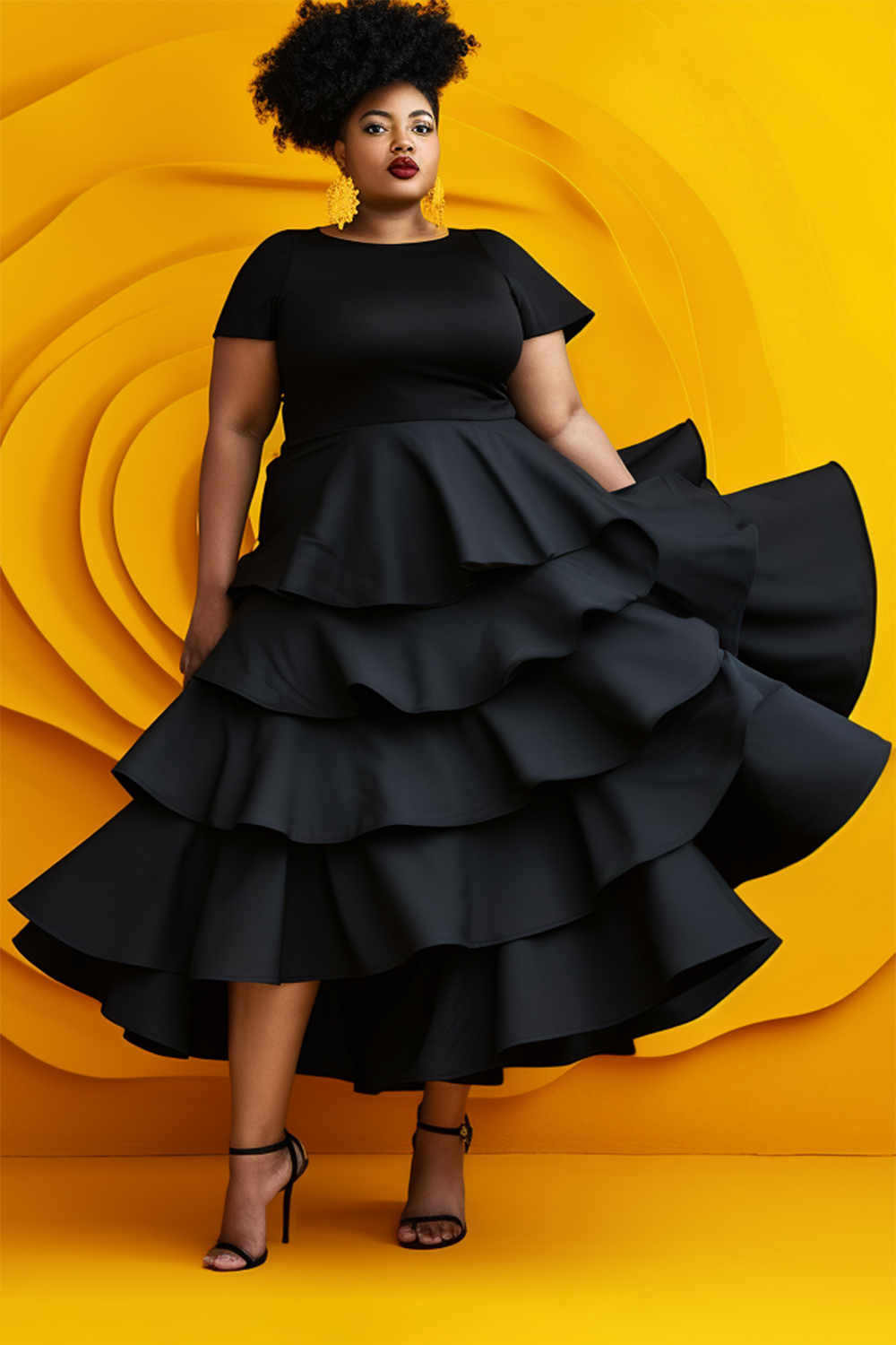 Design Plus Size Daily Black Round Neck Short Sleeve Flounce Cotton Midi Dresses [Pre-Order]