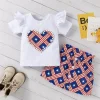 Kid Girl Short Sleeve American Flag Print Independence Day Sets